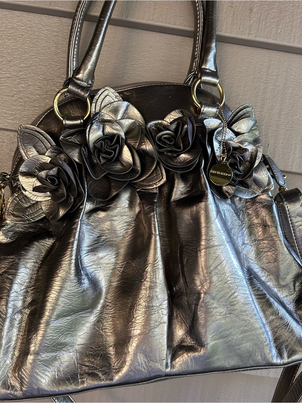 Bug Buddha Metallic Gold satchel handbag with Floral Accent two straps
